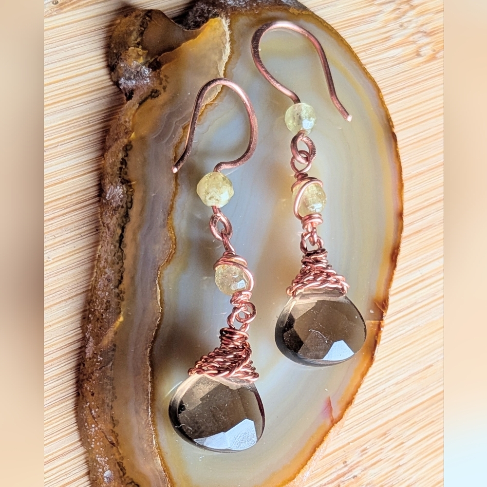 Smokey Quartz Earrings Green Garnet Accents Dangle Drop Artisan Handmade - Picture 5 of 12